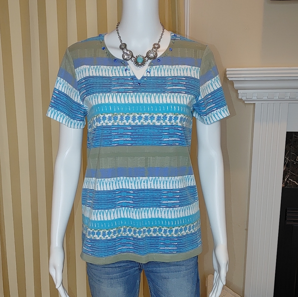 REBECCA MALONE STRIPED BEADED VNECK TOP S
